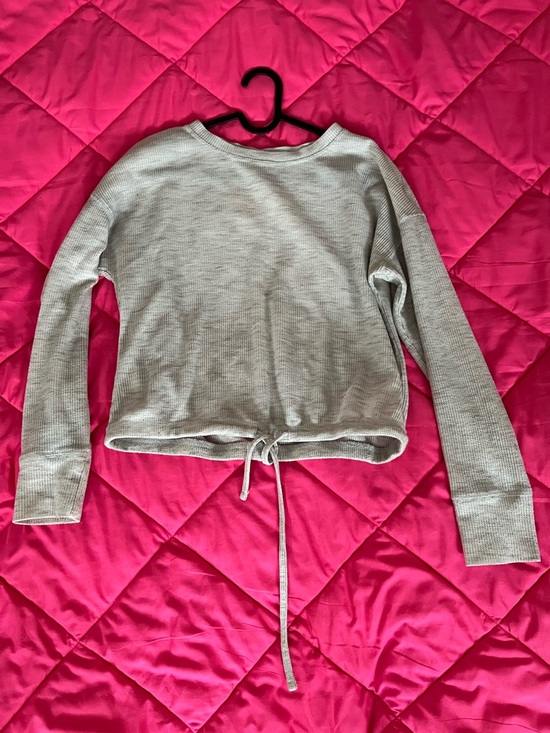 Hippie Rose Tops - Hippie Rose Light Gray Waffle Knit Drawstring Sweatshirt